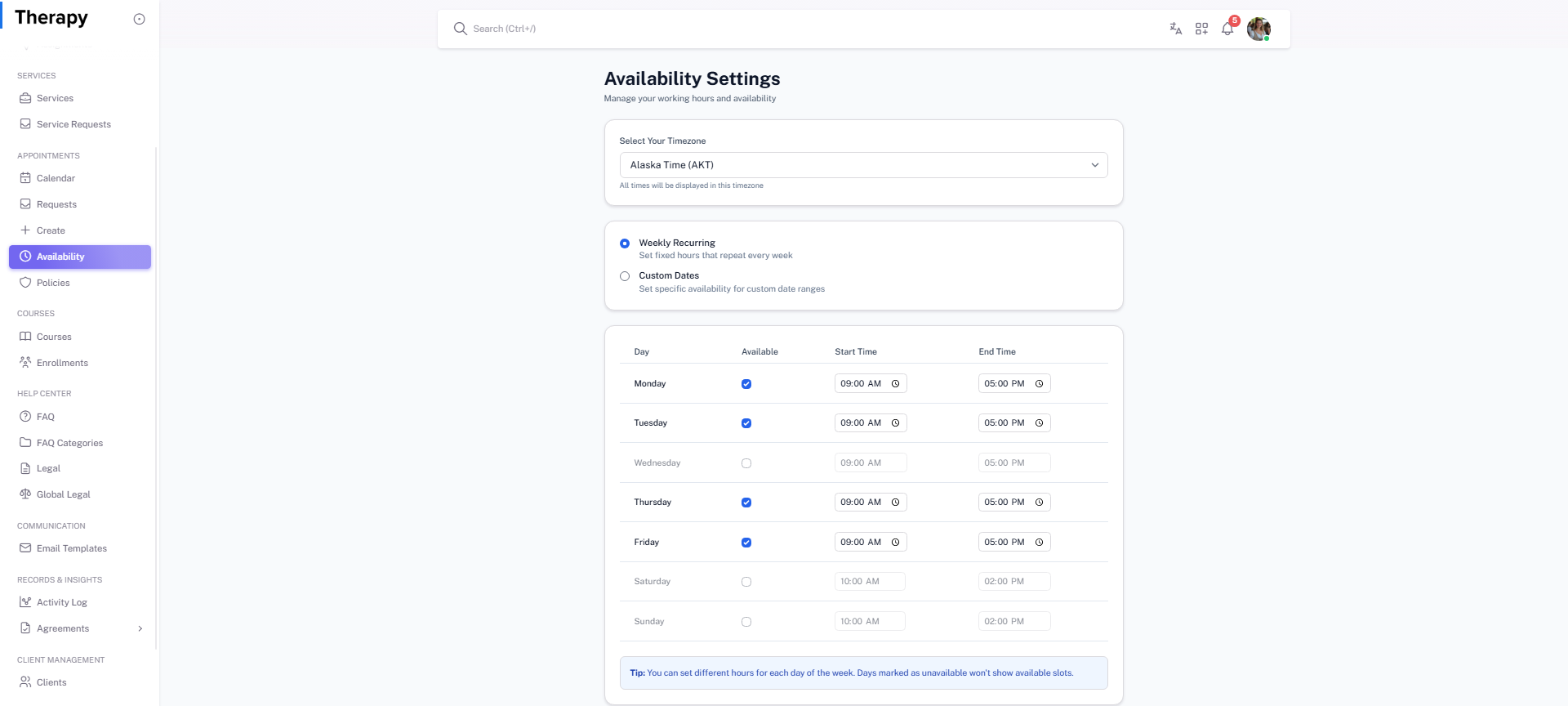 Availability Settings screenshot 2