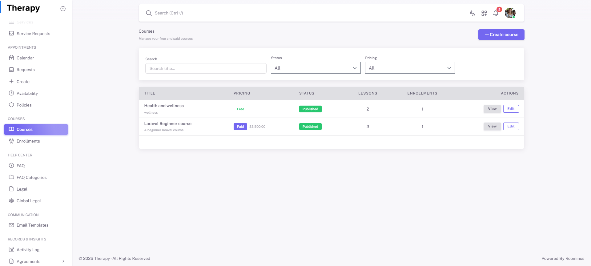 Courses screenshot 1